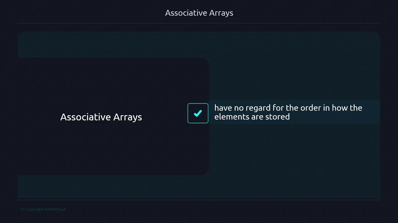 The image is a slide about associative arrays, highlighting that they do not consider the order in which elements are stored.