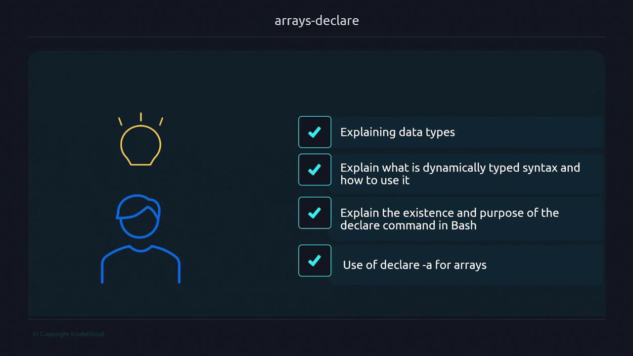 The image features a list of programming-related topics with checkmarks, including explaining data types, dynamically typed syntax, the declare command in Bash, and using declare for arrays. It also includes simple line drawings of a person and a lightbulb.