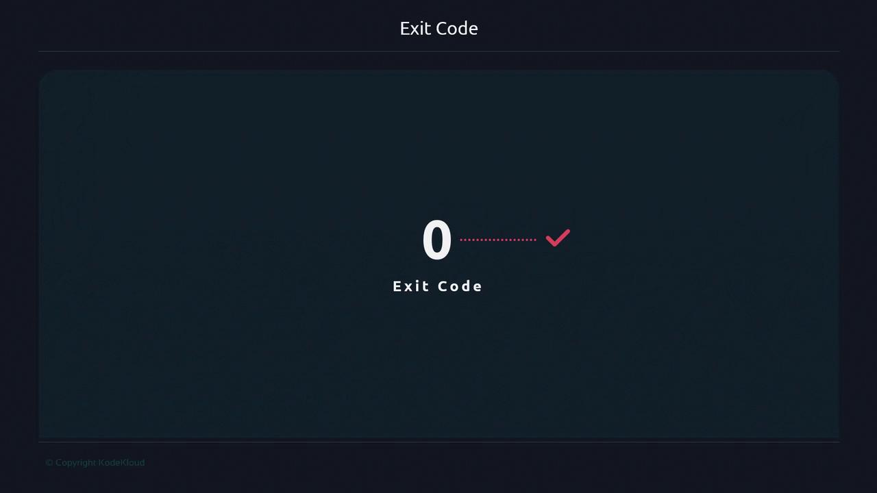 The image displays the text "Exit Code" with the number "0" and a checkmark, indicating a successful operation.