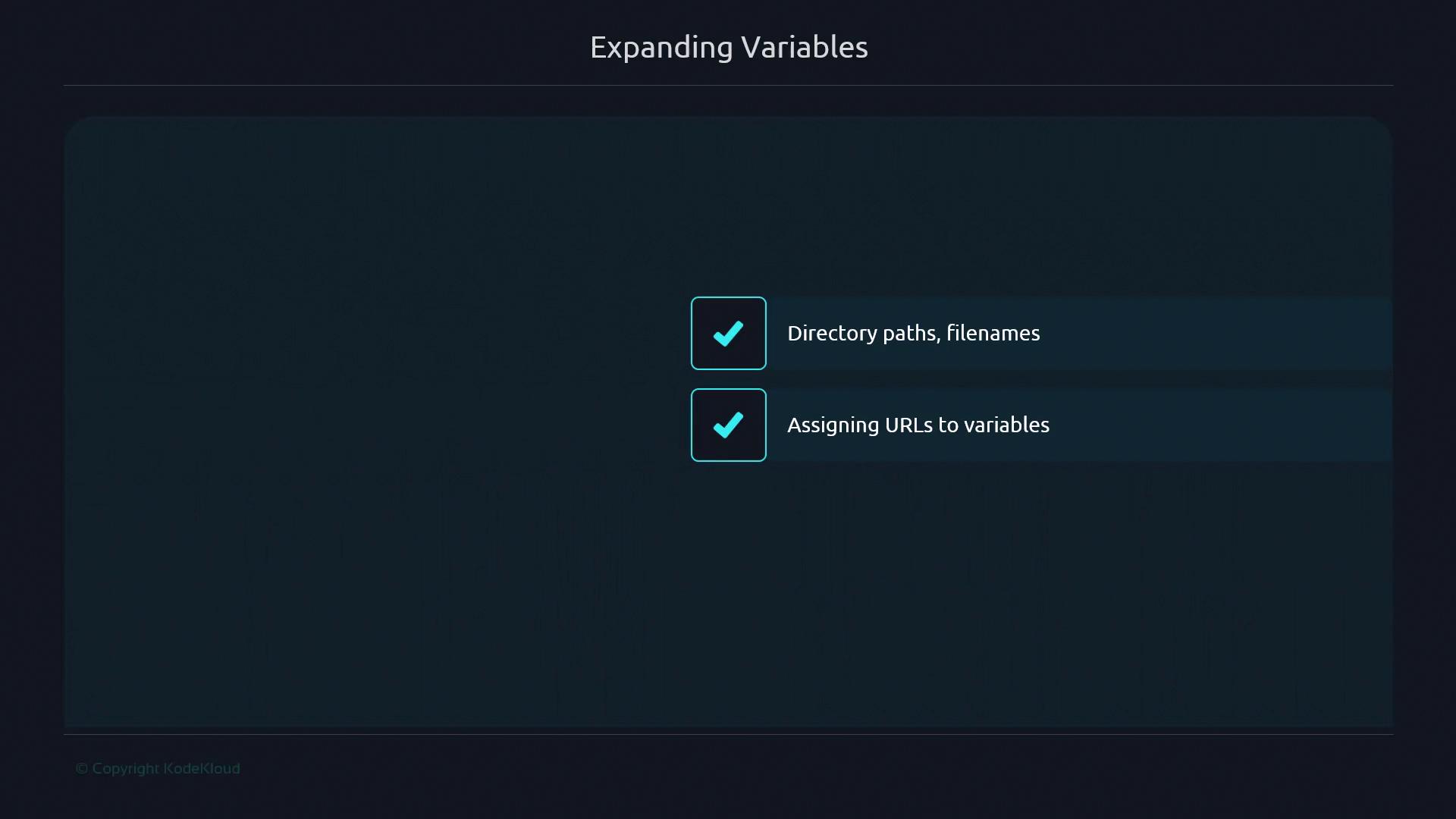 The image is a slide titled "Expanding Variables" with checkmarks next to "Directory paths, filenames" and "Assigning URLs to variables."