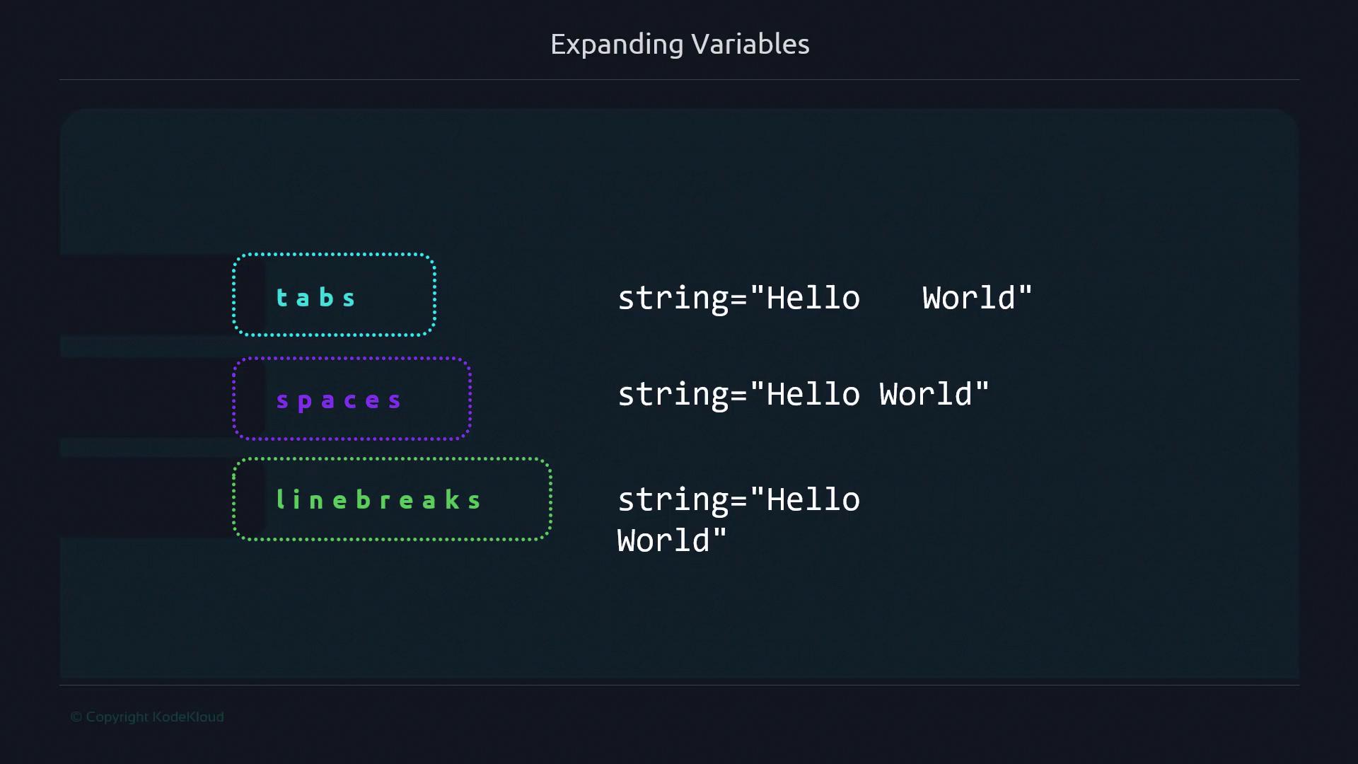The image illustrates how different whitespace characters (tabs, spaces, linebreaks) affect the formatting of a string variable containing "Hello World".