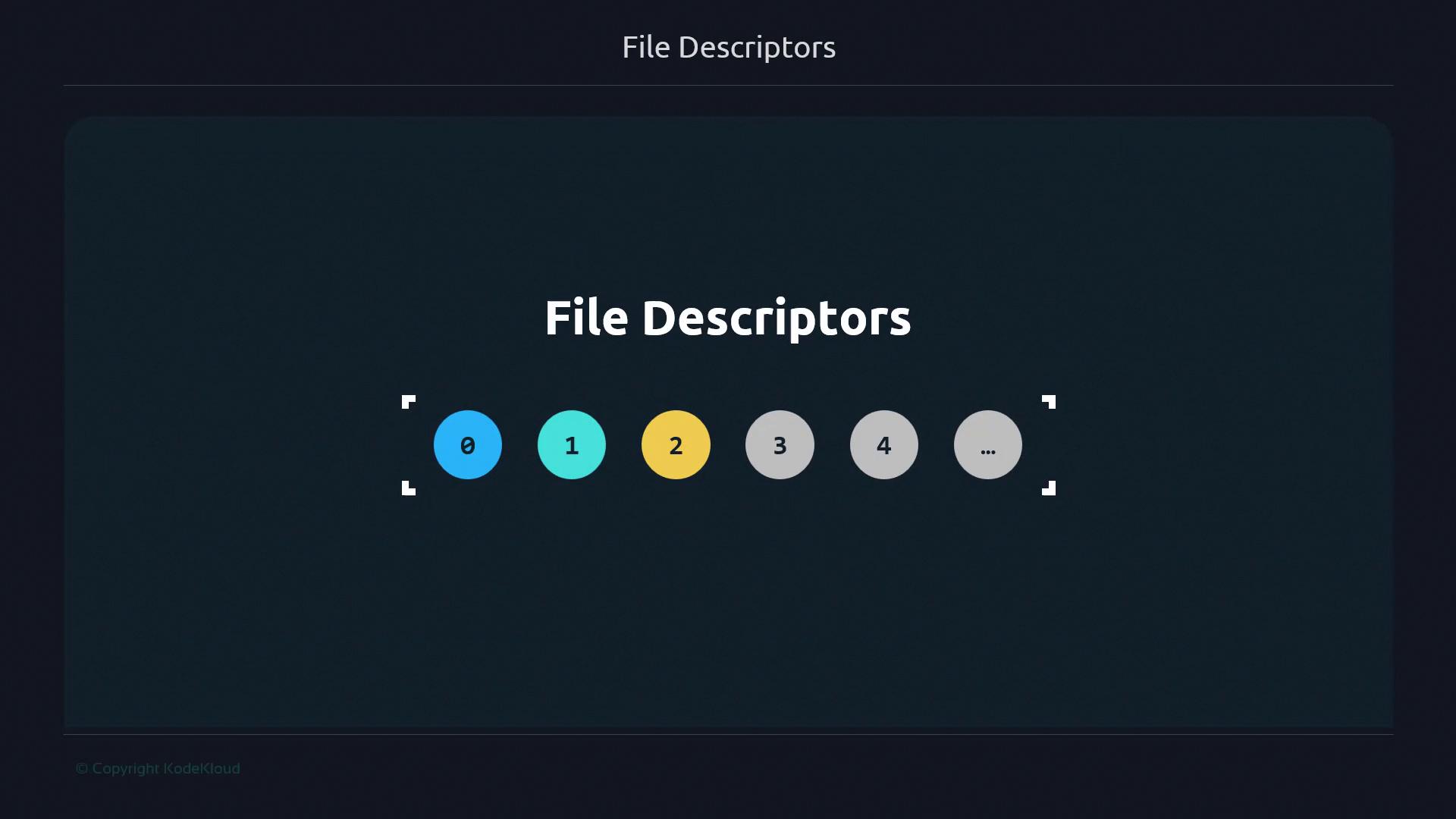 The image shows a diagram labeled "File Descriptors" with numbered circles from 0 to 4, followed by ellipses, indicating a sequence.