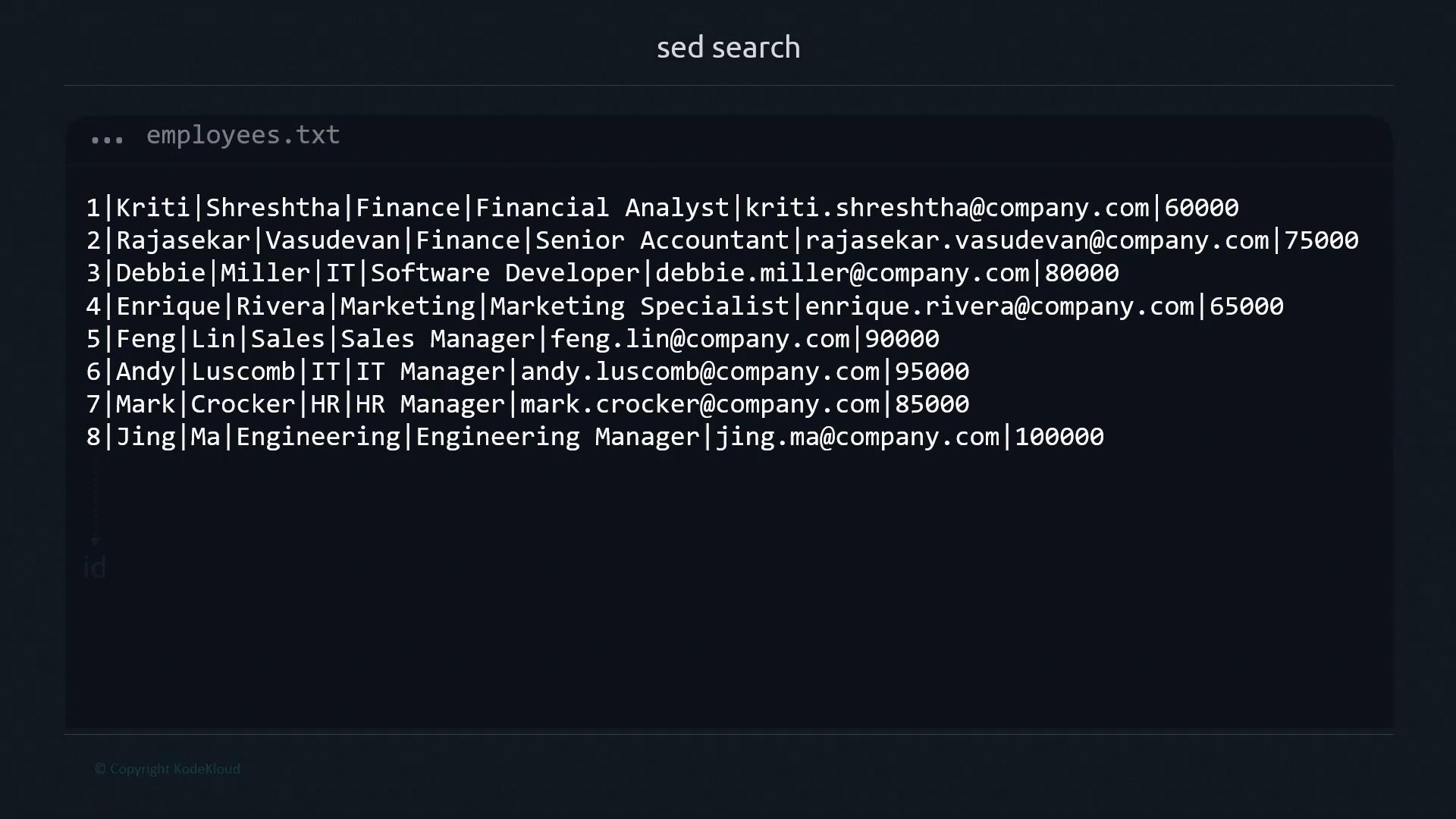 The image shows a text file named "employees.txt" containing a list of employees with details such as name, department, job title, email, and salary.