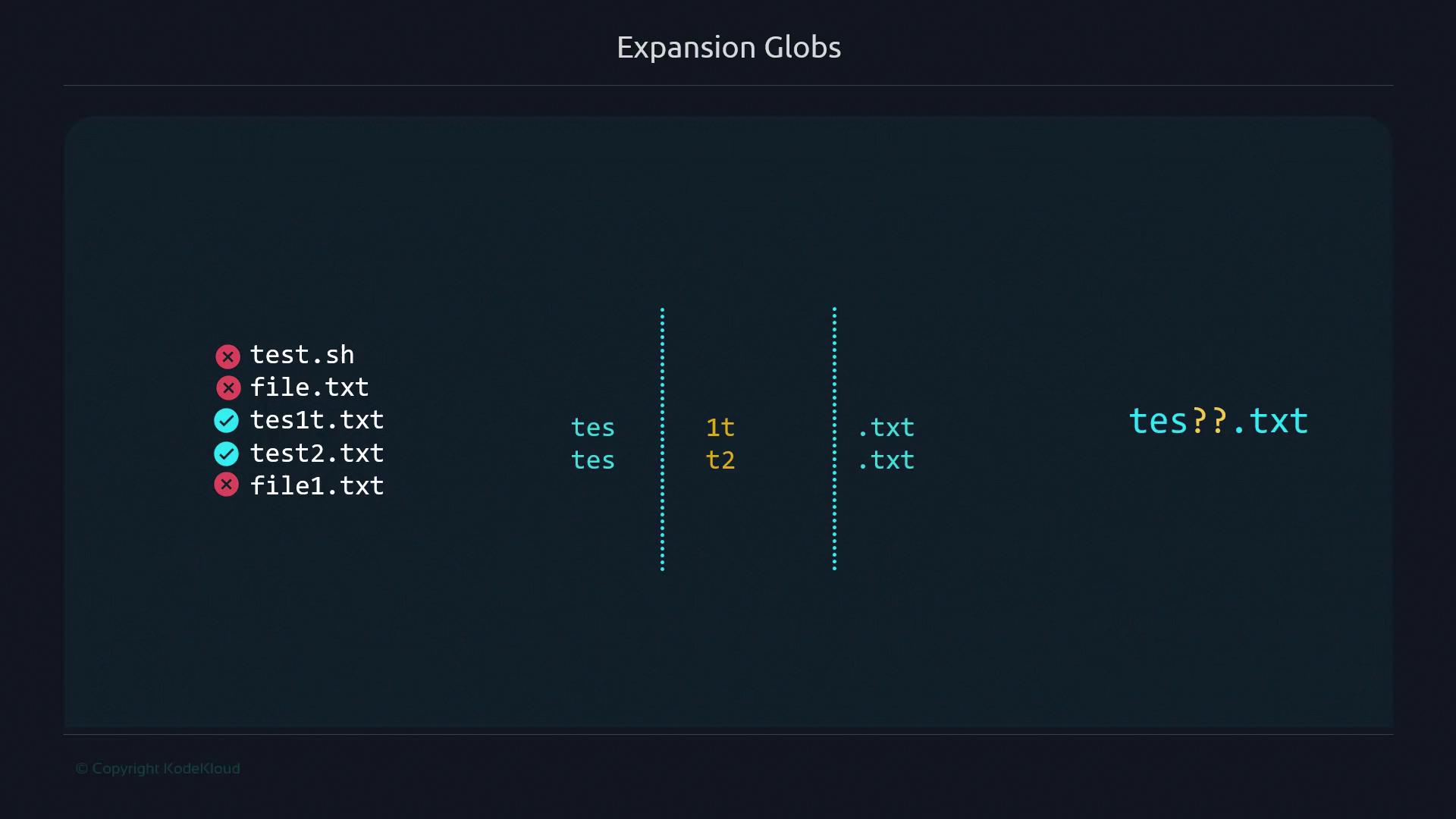 The image illustrates the concept of expansion globs, showing a list of filenames with checkmarks and crosses indicating matches to the pattern "tes??.txt".