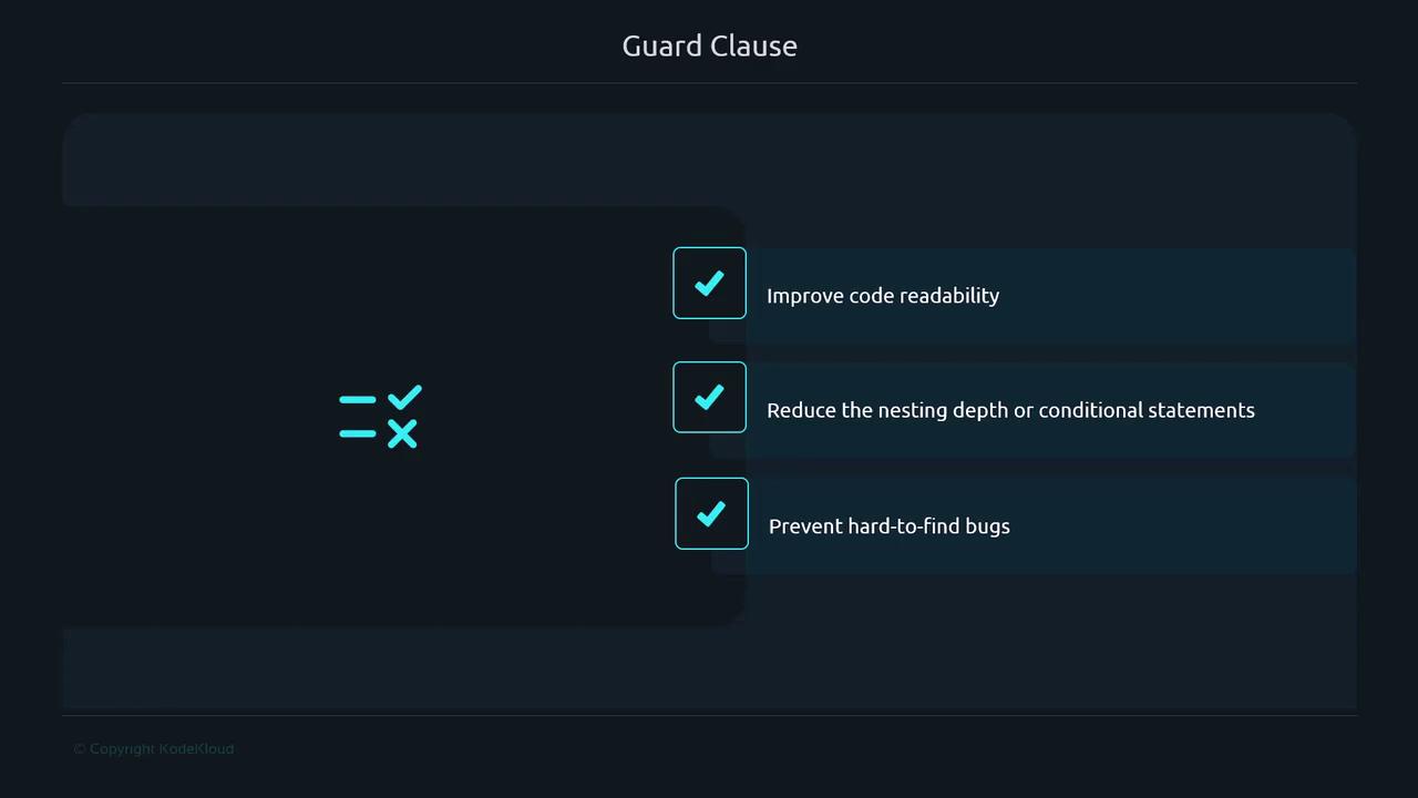 The image is about "Guard Clause" and lists three benefits: improving code readability, reducing the nesting depth of conditional statements, and preventing hard-to-find bugs.