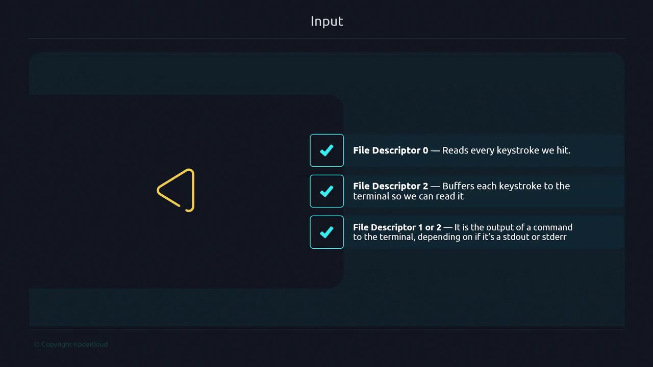The image describes file descriptors in a terminal context, explaining their functions: File Descriptor 0 reads keystrokes, File Descriptor 2 buffers them, and File Descriptor 1 or 2 outputs command results.