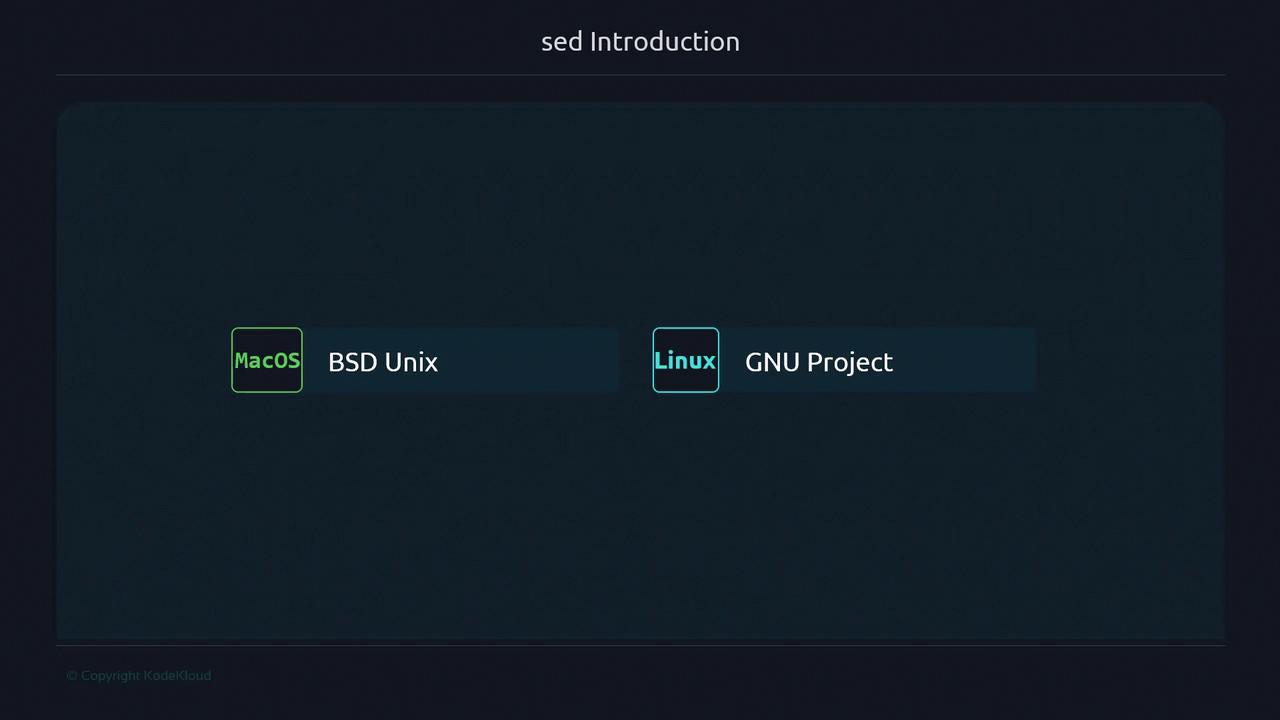 The image is a diagram titled "sed Introduction" showing two paths: one from MacOS to BSD Unix, and another from Linux to the GNU Project.