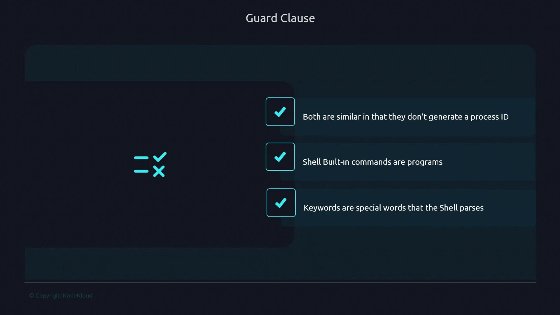 The image is a slide titled "Guard Clause" with three check-marked statements about shell commands and keywords.