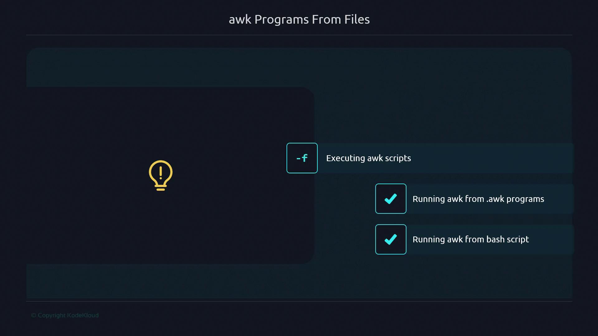 The image is a slide titled "awk Programs From Files," explaining the use of the `-f` option for executing awk scripts, running awk from .awk programs, and running awk from bash scripts.