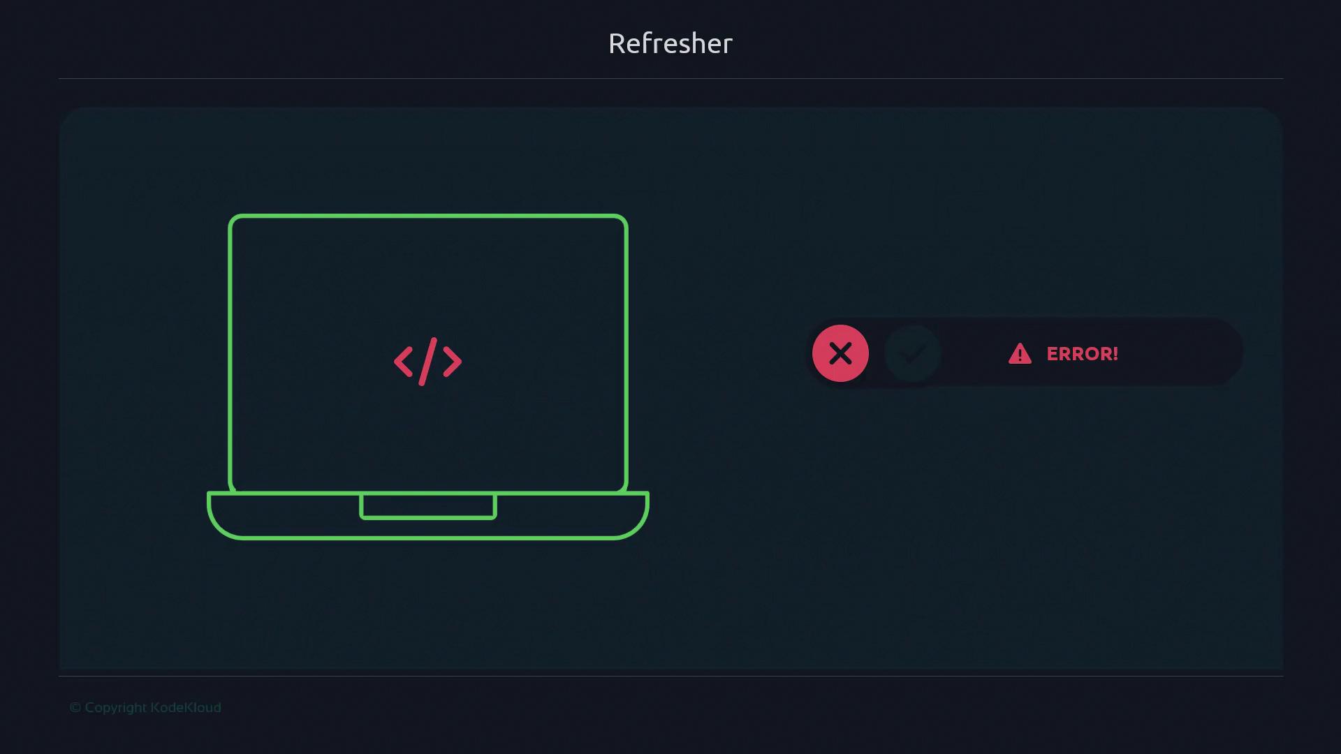 The image shows a neon outline of a laptop with code brackets on the screen and an error message with a warning icon next to it.