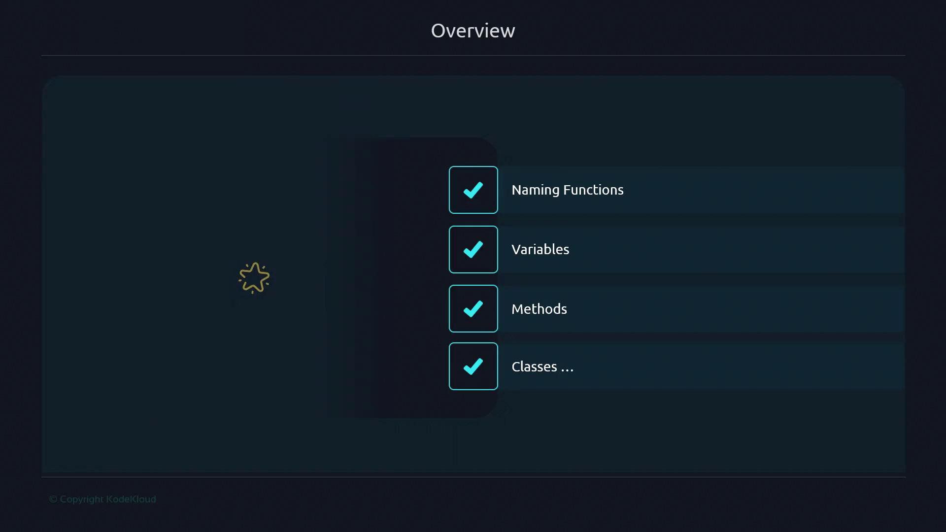 The image shows an overview checklist with items like "Naming Functions," "Variables," "Methods," and "Classes," each marked with a checkmark. It has a dark background with a small star icon on the left.