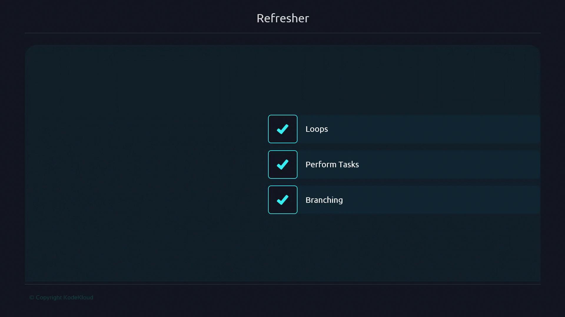 The image shows a checklist titled "Refresher" with three items: "Loops," "Perform Tasks," and "Branching," all marked with checkmarks.