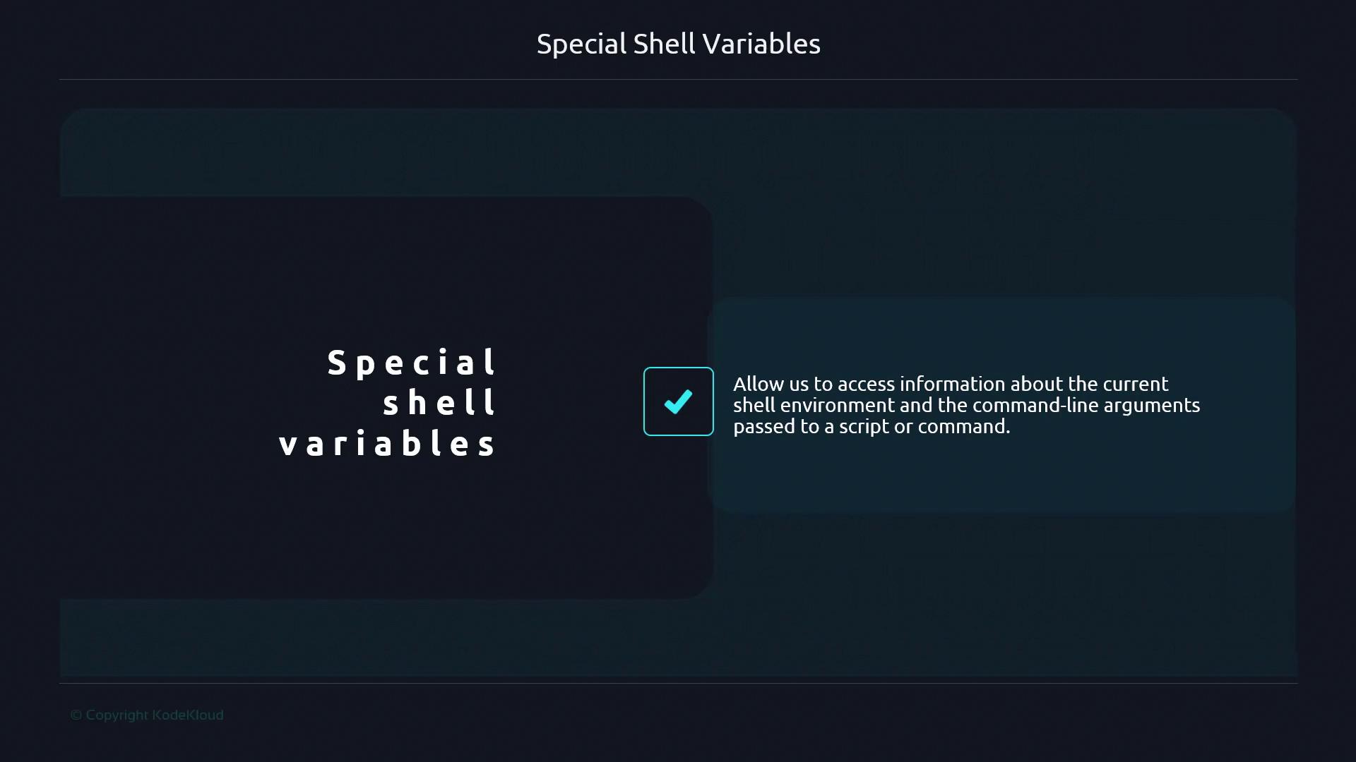 The image is a slide titled "Special Shell Variables," explaining that these variables allow access to information about the current shell environment and command-line arguments.