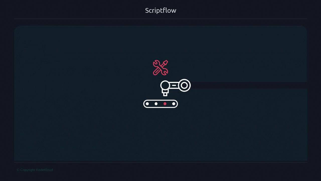 The image shows a stylized illustration of a robotic arm over a conveyor belt with a wrench and screwdriver icon above it, set against a dark background. The word "Scriptflow" is displayed at the top.