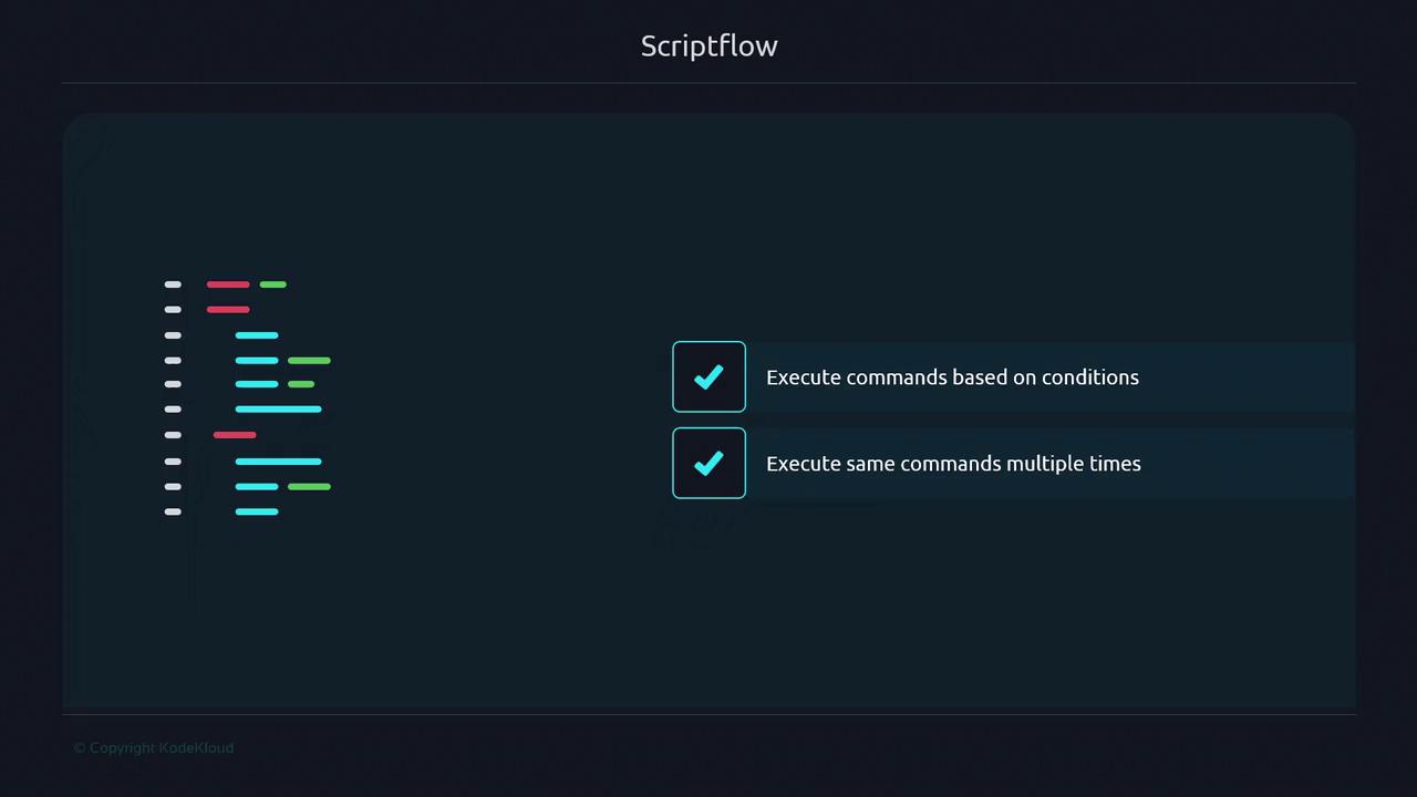 The image shows a diagram labeled "Scriptflow" with lines of code on the left and two checkboxes on the right, indicating features for executing commands based on conditions and executing the same commands multiple times.