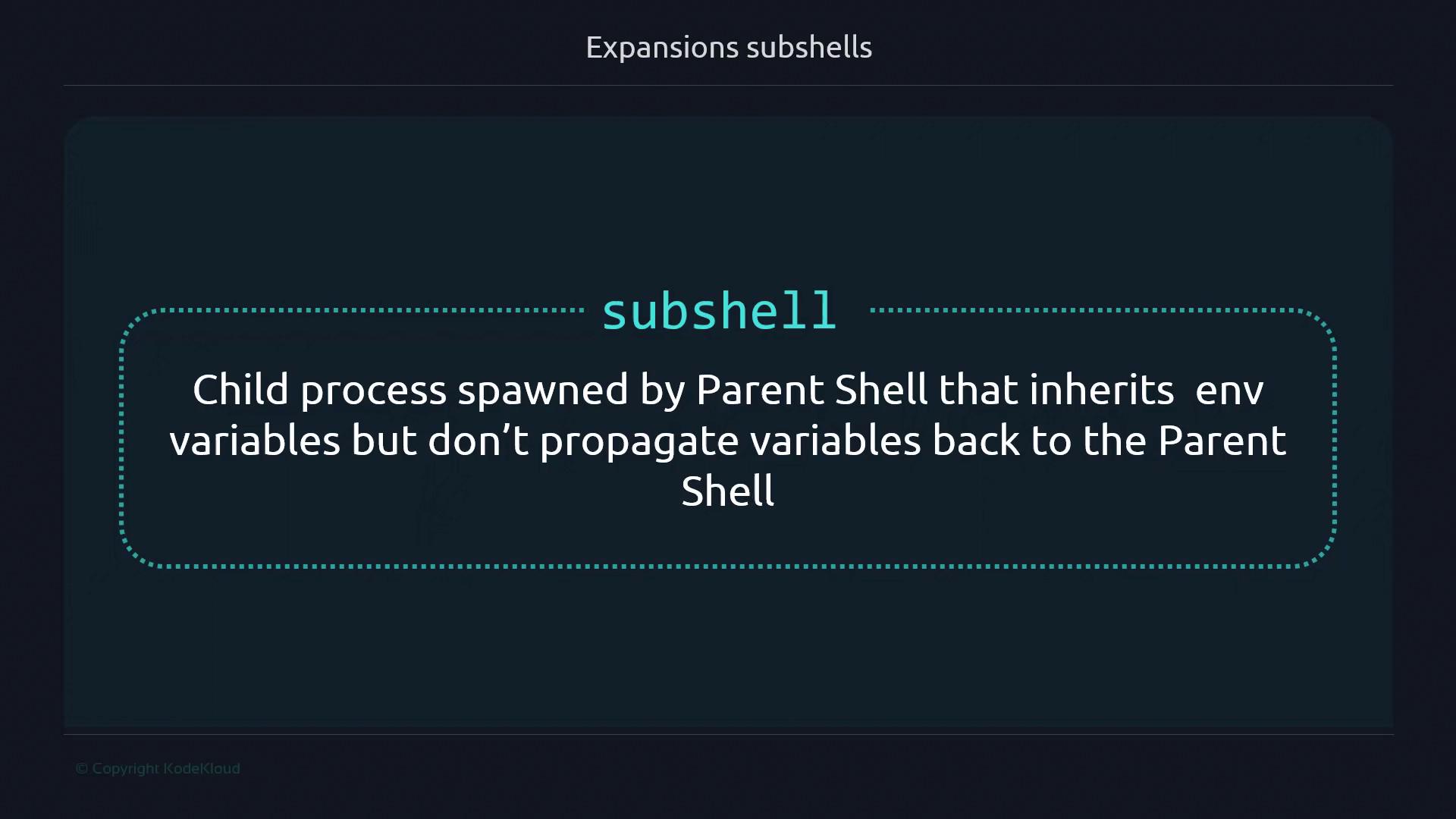 The image explains that a subshell is a child process spawned by a parent shell, inheriting environment variables but not propagating them back to the parent shell.