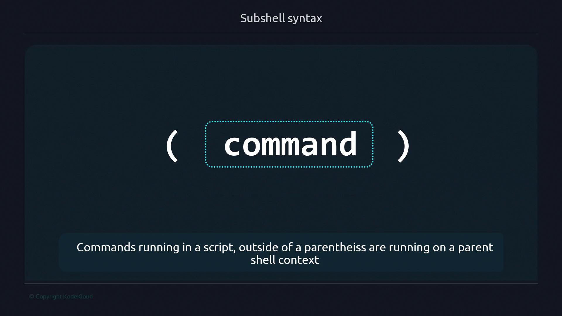The image illustrates subshell syntax, showing a command enclosed in parentheses, with a note about script execution context.