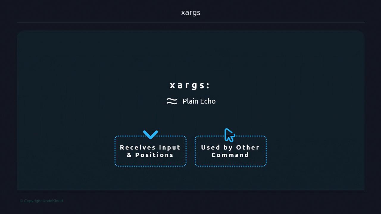 The image is a diagram explaining the `xargs` command, indicating it functions like a plain echo, receives input and positions, and is used by other commands.