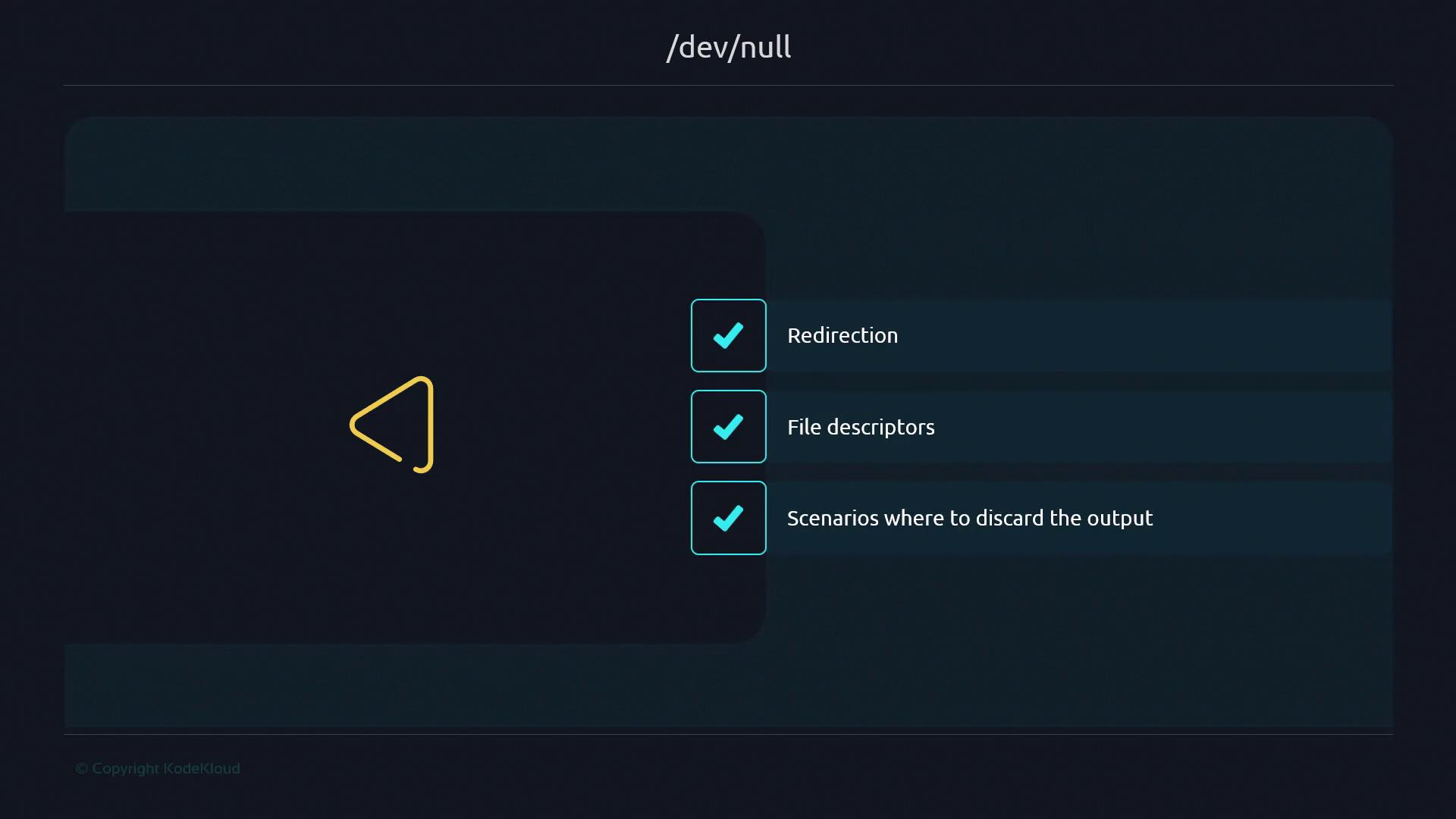 The image is a slide titled "/dev/null" with checkmarks next to "Redirection," "File descriptors," and "Scenarios where to discard the output."
