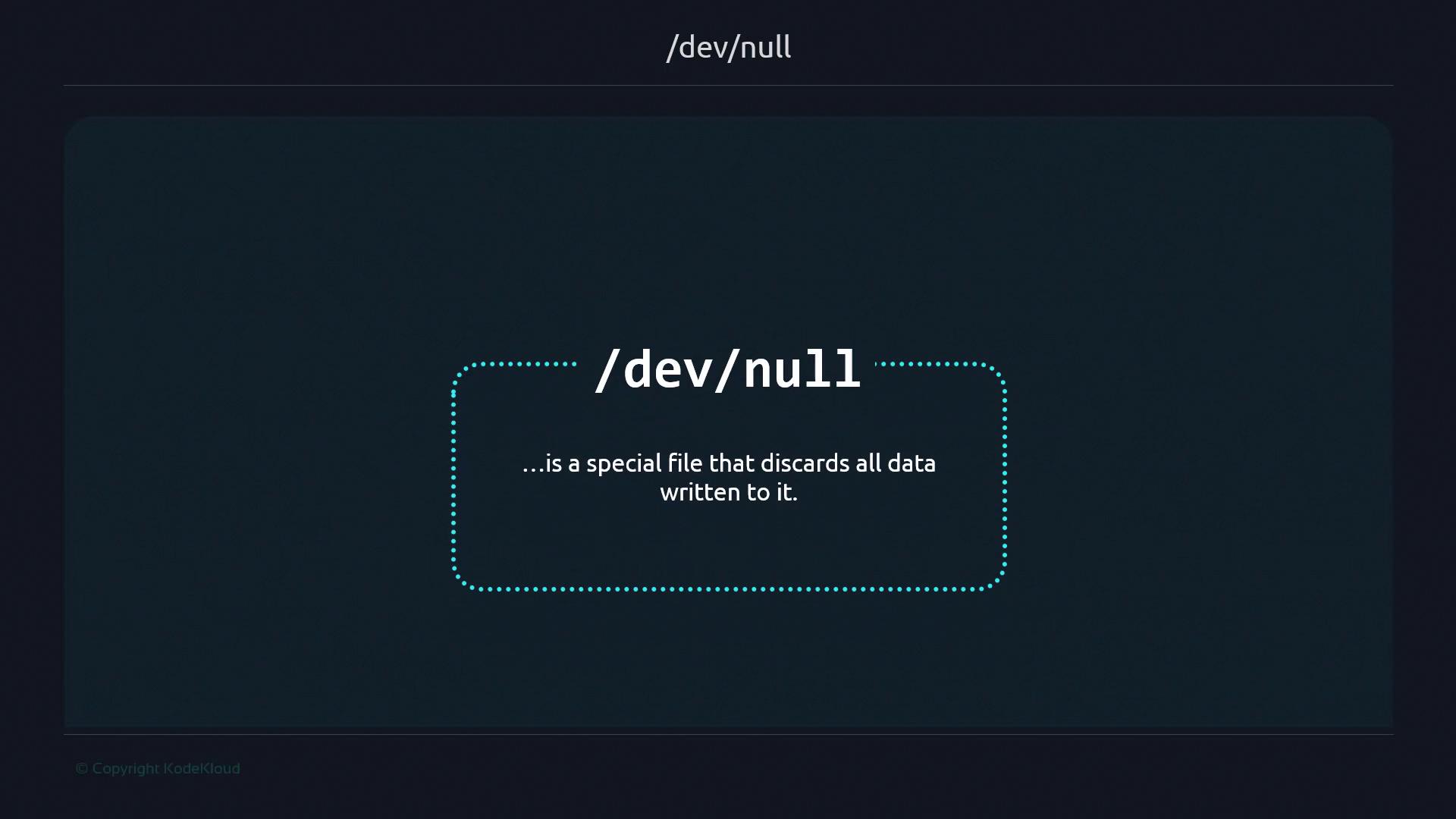 The image explains that "/dev/null" is a special file that discards all data written to it.