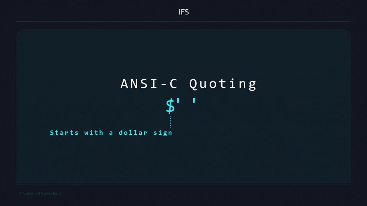 The image is a slide titled "ANSI-C Quoting" and explains that it starts with a dollar sign.