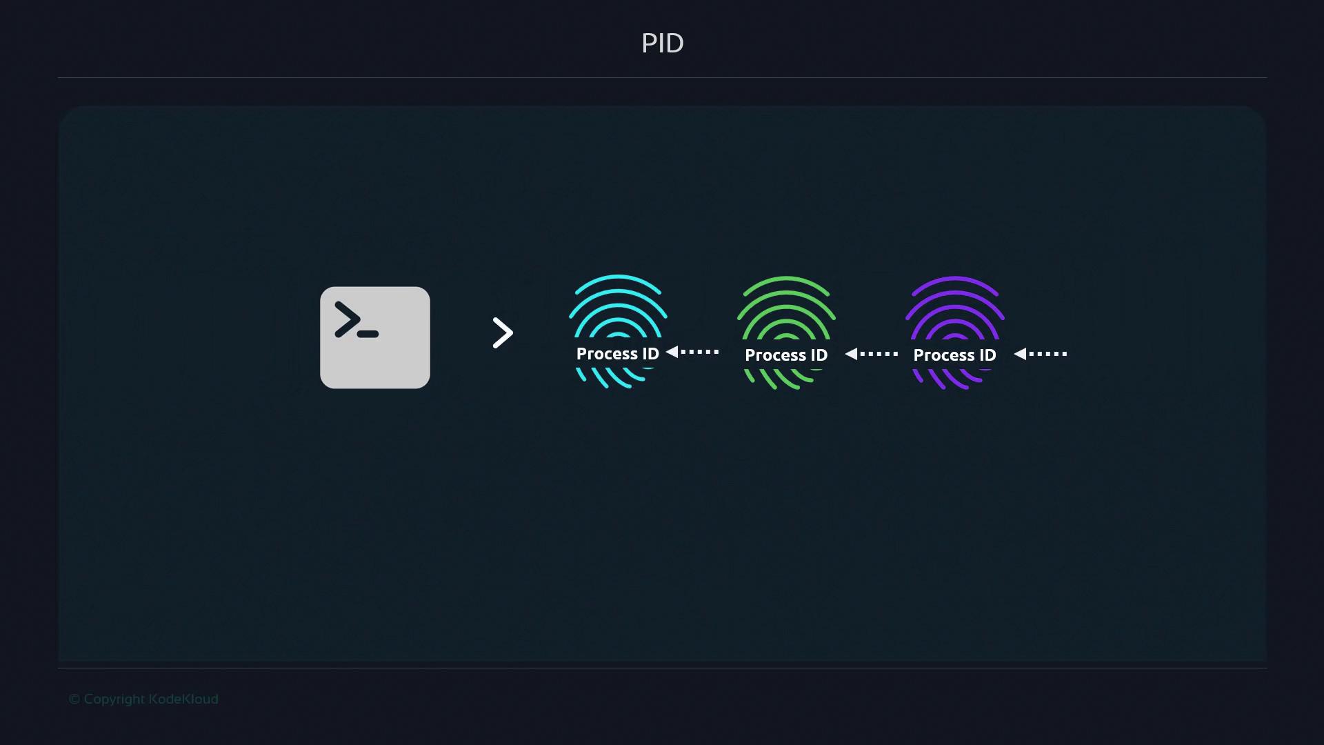 The image illustrates a sequence of processes, each represented by a fingerprint icon labeled "Process ID," originating from a terminal icon.