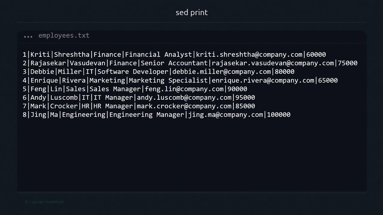 The image shows a text file named "employees.txt" containing a list of employees with details such as name, department, job title, email, and salary.