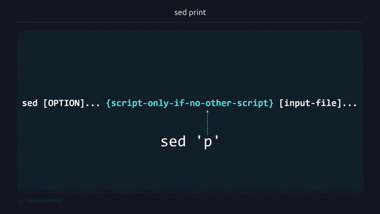 The image shows a command-line syntax for the `sed` command, specifically highlighting the use of the print (`p`) script.