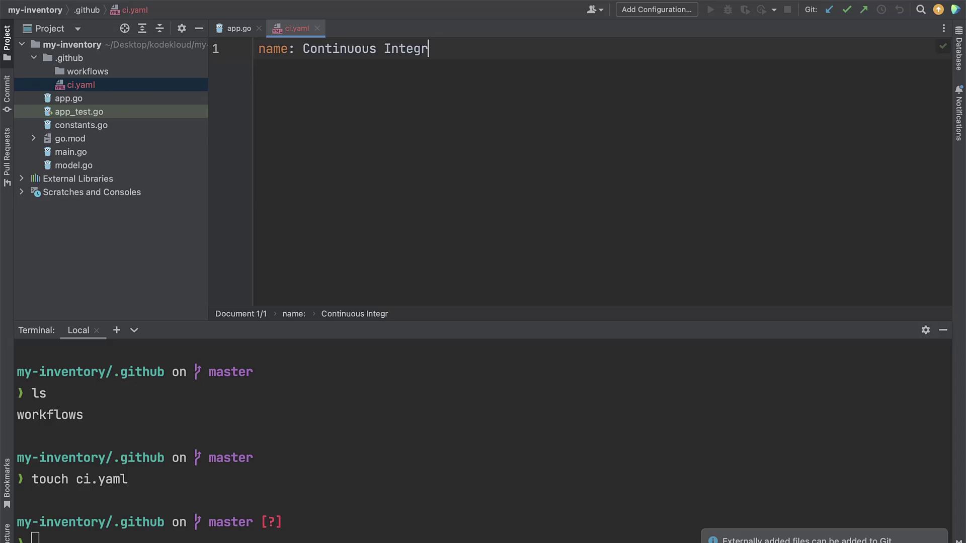 The image shows a code editor with a project directory open, displaying a YAML file being edited. The terminal at the bottom shows Git commands being executed.