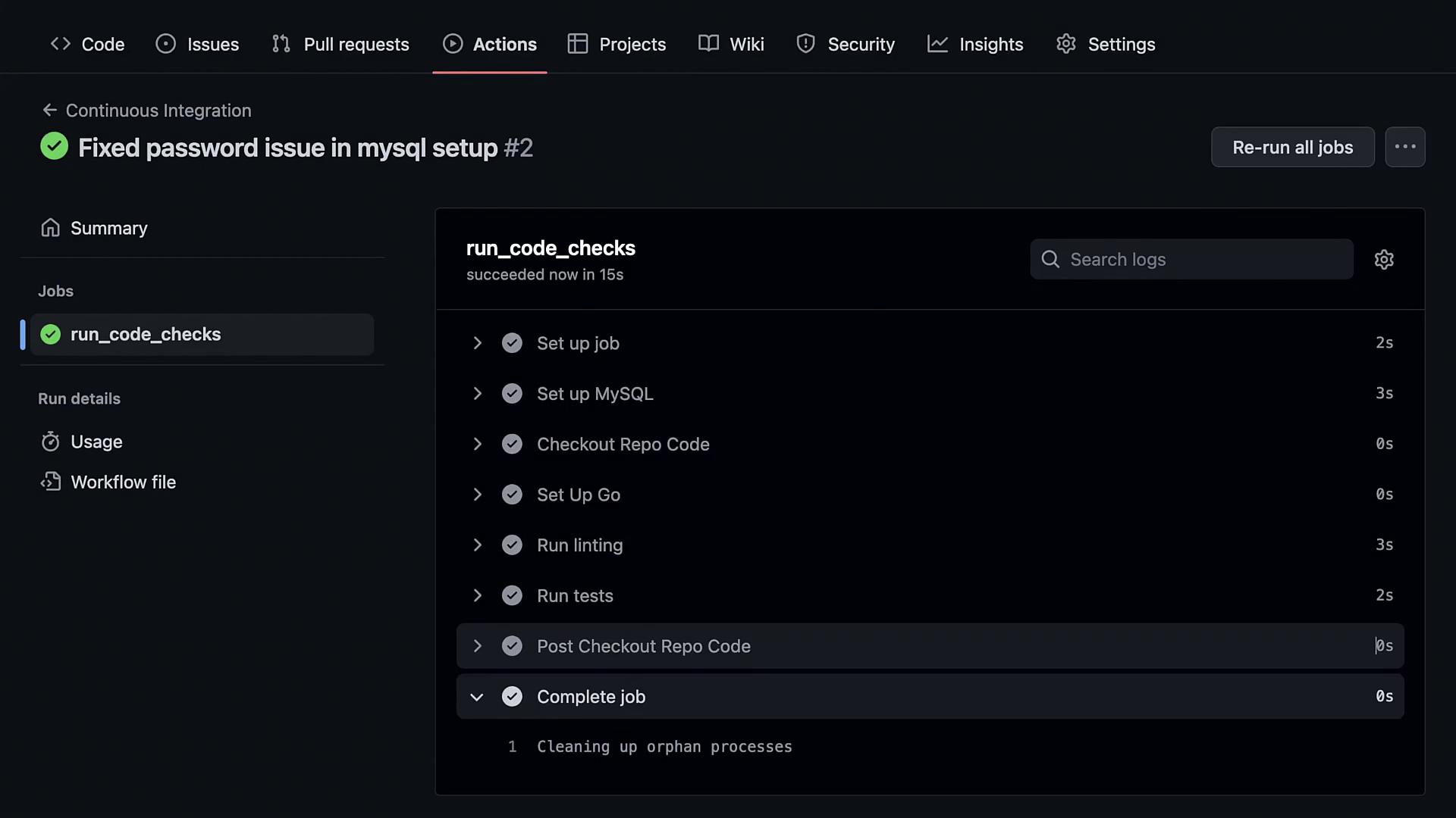 The image shows a GitHub Actions interface with a successful continuous integration workflow run, detailing steps like setting up MySQL, checking out code, and running tests.