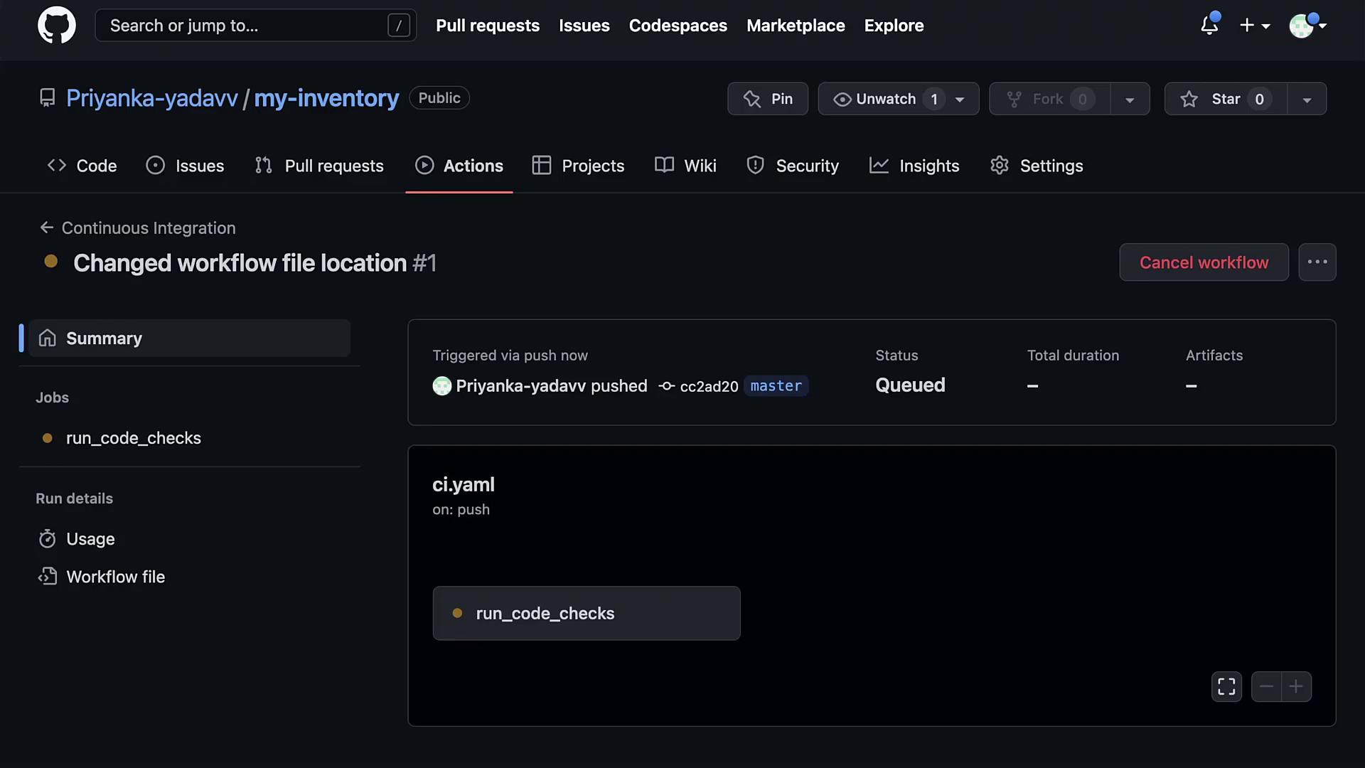 The image shows a GitHub Actions page for a repository named "my-inventory," where a workflow file location change has triggered a continuous integration job that is currently queued.