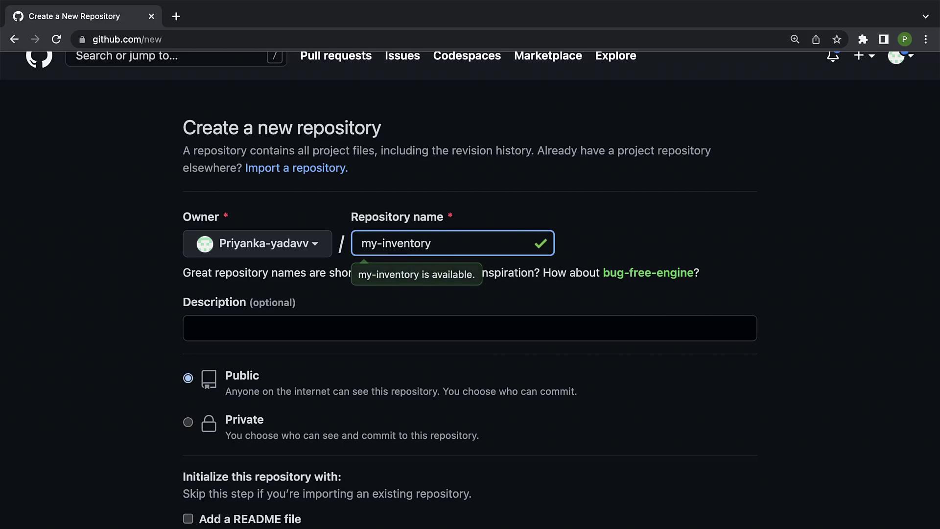 The image shows a GitHub page for creating a new repository, with fields for the repository name, description, and visibility options. The repository name "my-inventory" is available.