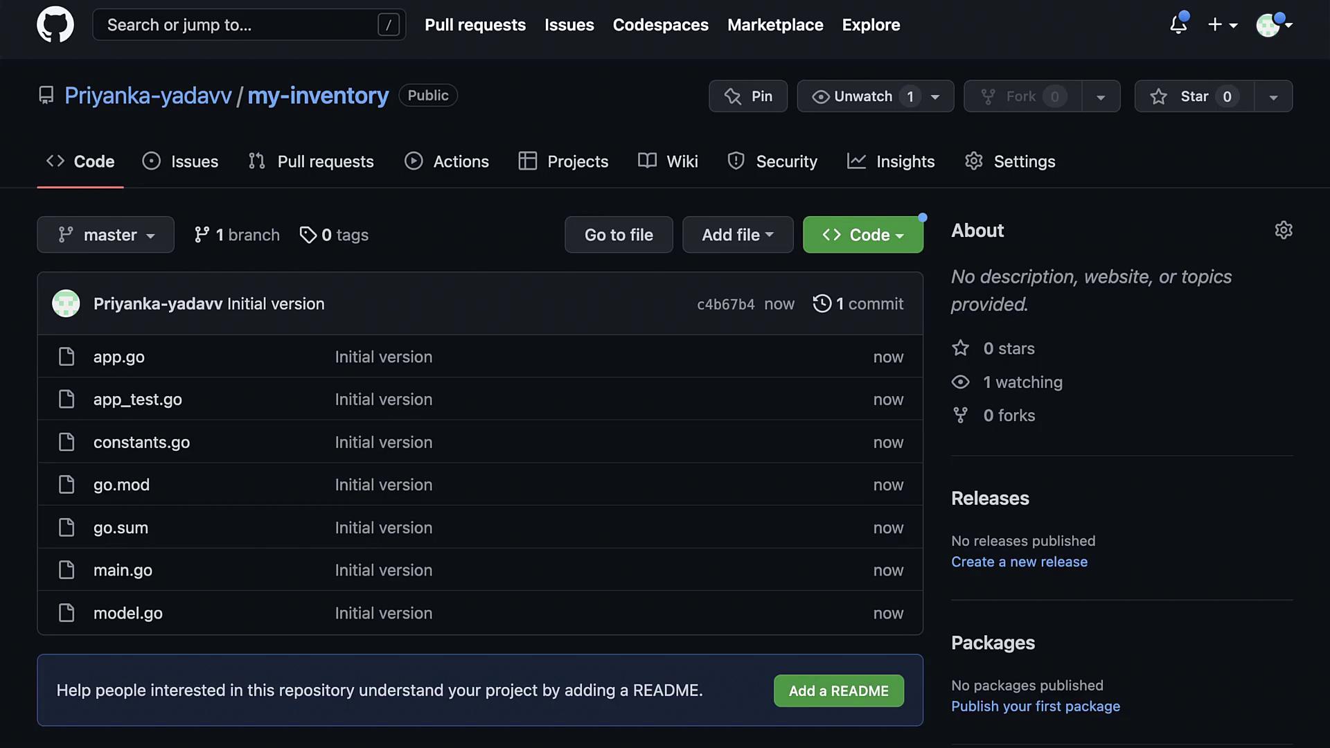 The image shows a GitHub repository named "my-inventory" by a user, displaying several Go language files with an initial version commit. The repository has no stars, forks, or description provided.