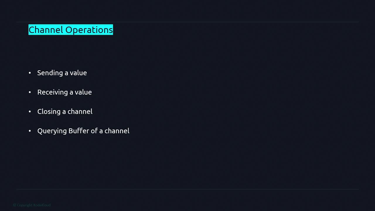 The image is a slide titled "Channel Operations," listing four operations: sending a value, receiving a value, closing a channel, and querying the buffer of a channel.