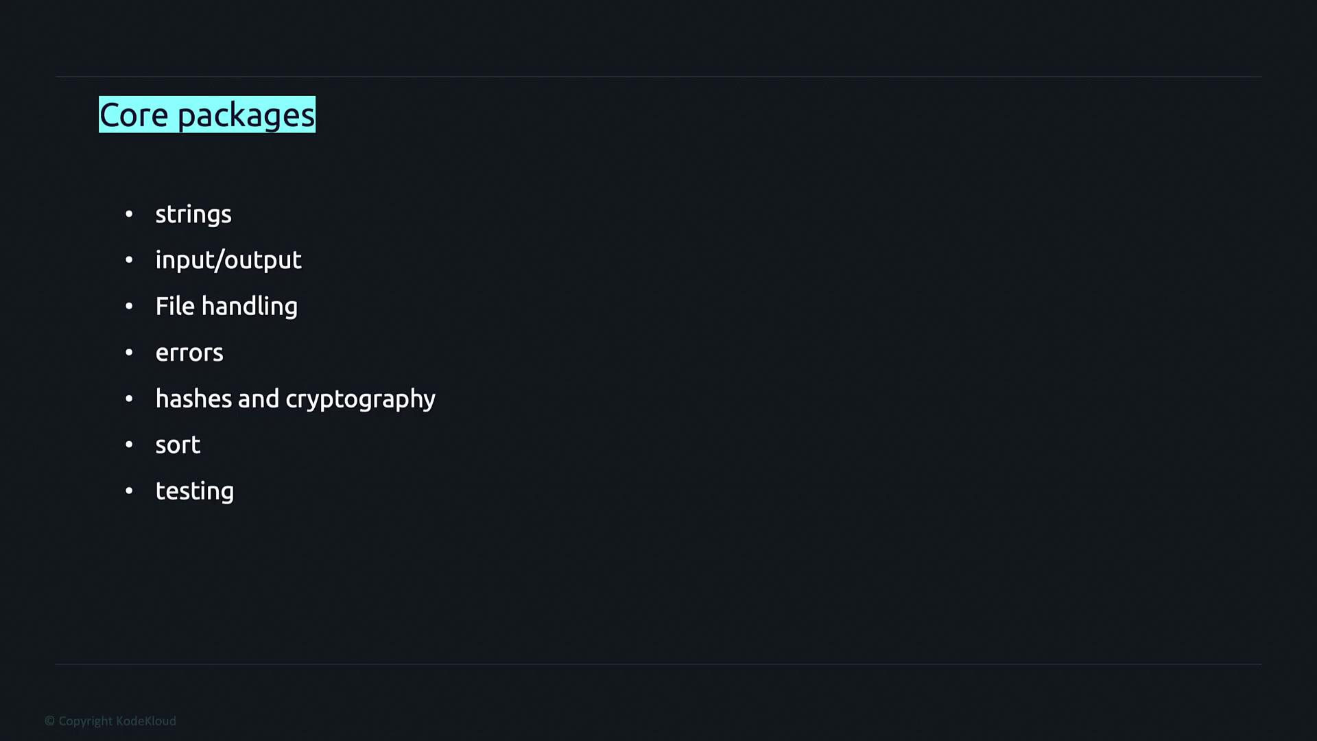 The image lists core packages related to programming, including strings, input/output, file handling, errors, hashes and cryptography, sort, and testing.