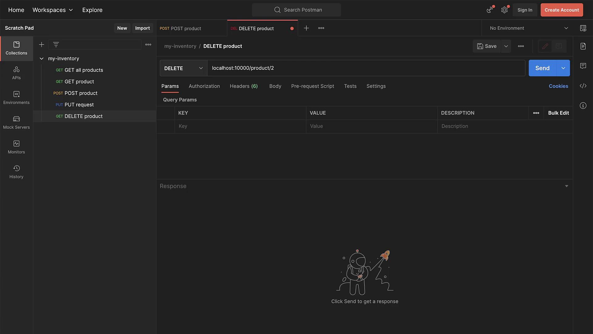 The image shows a Postman interface with a DELETE request setup for a product in a collection named "my-inventory." The request URL is "localhost:10000/product/2," and the response section is empty.