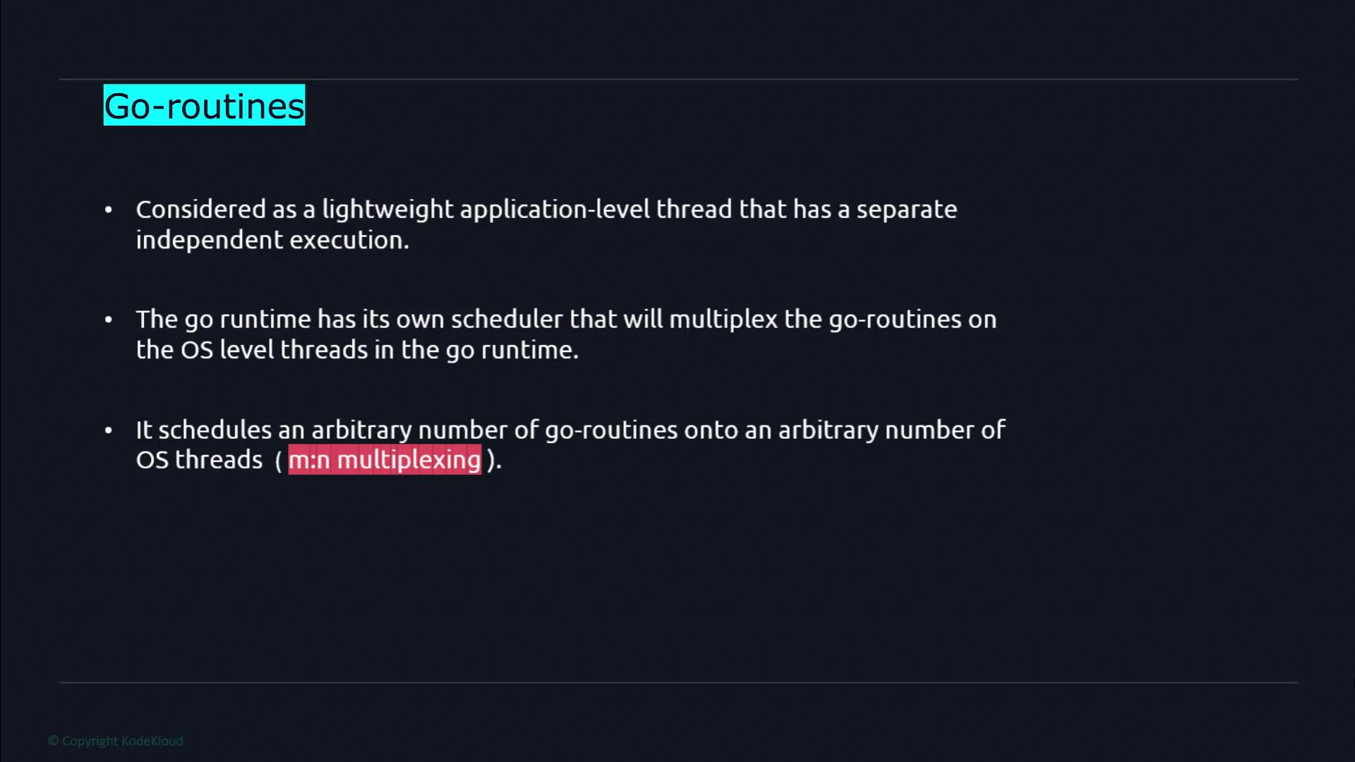 The image is a slide explaining Go-routines, describing them as lightweight application-level threads with independent execution, and detailing how the Go runtime schedules them using m:n multiplexing.