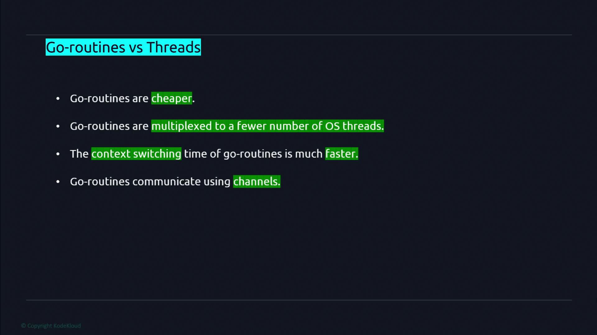 The image is a slide comparing Go-routines and threads, highlighting that Go-routines are cheaper, multiplexed to fewer OS threads, have faster context switching, and communicate using channels.
