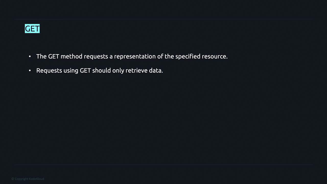 The image is a slide explaining the GET method in HTTP, stating that it requests a representation of a specified resource and should only retrieve data.