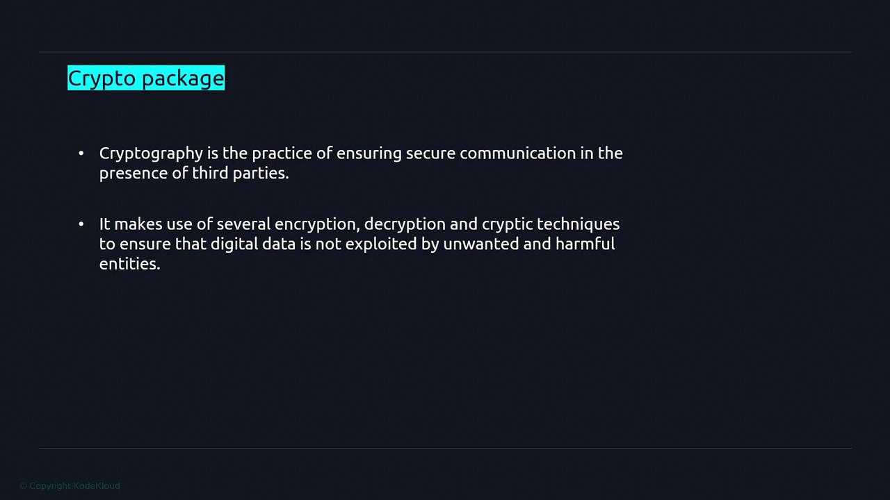 The image is a slide titled "Crypto package" that explains cryptography as a practice for secure communication, using encryption and decryption techniques to protect digital data.