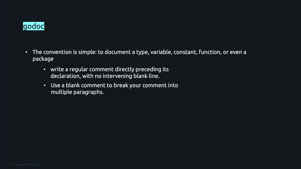 The image is a slide explaining the "godoc" convention for documenting code, including guidelines for writing comments directly preceding declarations and using blank comments for paragraph breaks.