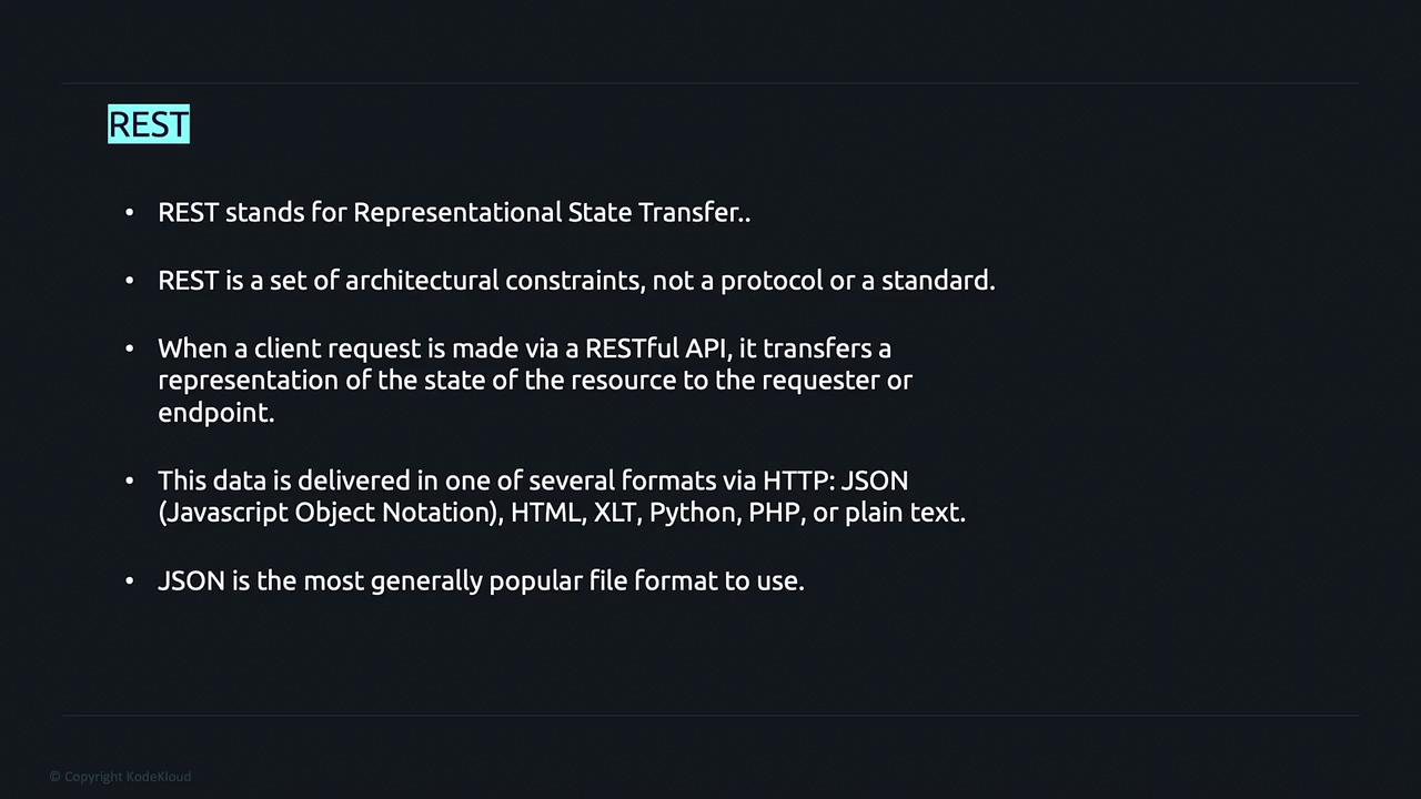 The image is an informational slide about REST (Representational State Transfer), explaining its role as a set of architectural constraints and its use in transferring data in various formats like JSON and HTML.