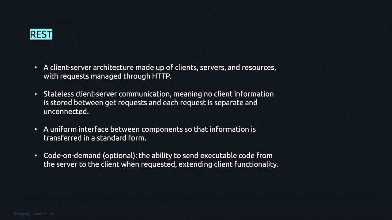 The image describes REST, highlighting its client-server architecture, stateless communication, uniform interface, and optional code-on-demand feature.