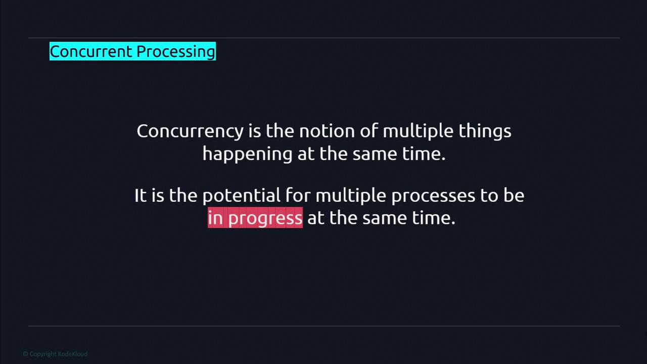 The image explains "Concurrent Processing," defining concurrency as the notion of multiple things happening simultaneously, with the potential for multiple processes to be in progress at the same time.