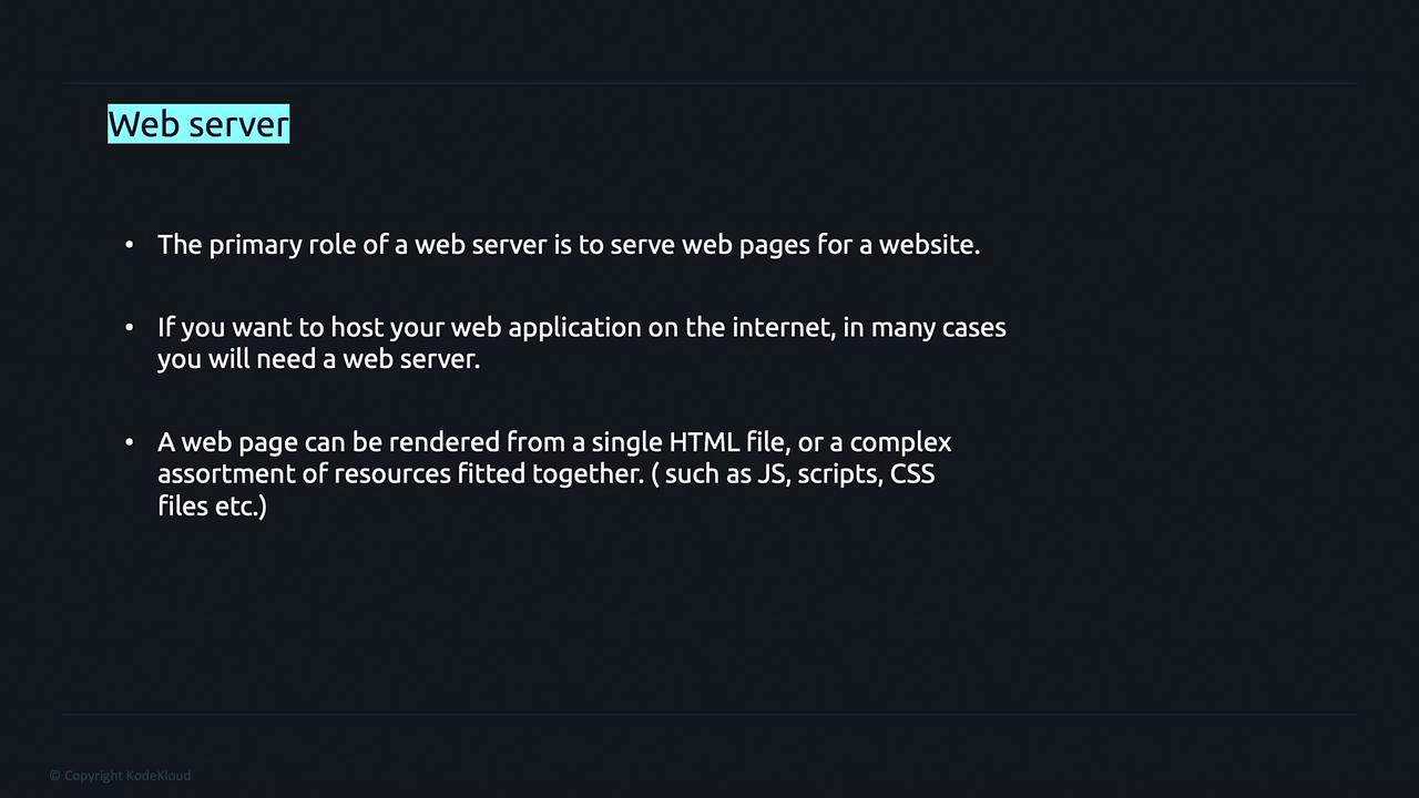 The image is a slide about web servers, explaining their role in serving web pages and hosting web applications, and mentioning the use of HTML, JavaScript, and CSS files.