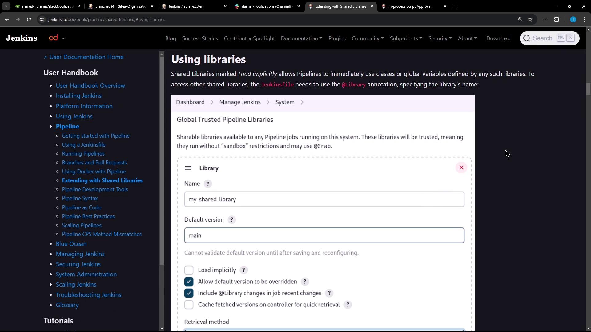 The image shows a Jenkins documentation page about using shared libraries in pipelines, with a form for configuring a global trusted pipeline library.