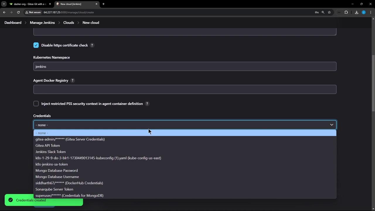 The image shows a Jenkins interface where a user is configuring a new cloud, with options for Kubernetes Namespace and credentials selection. A notification at the bottom indicates that credentials have been created.