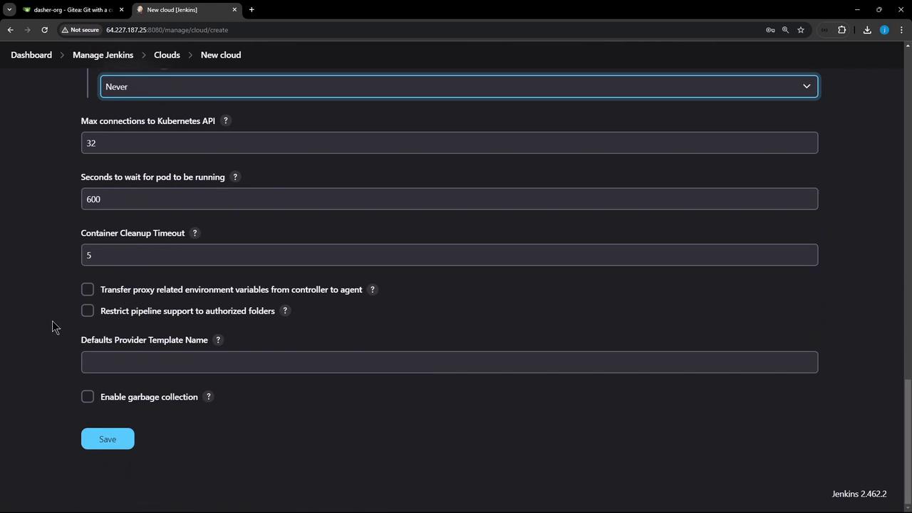 The image shows a Jenkins configuration page for setting up a new cloud, with options for Kubernetes API connections, pod running time, and other settings. There are checkboxes for transferring environment variables and restricting pipeline support, along with a save button.
