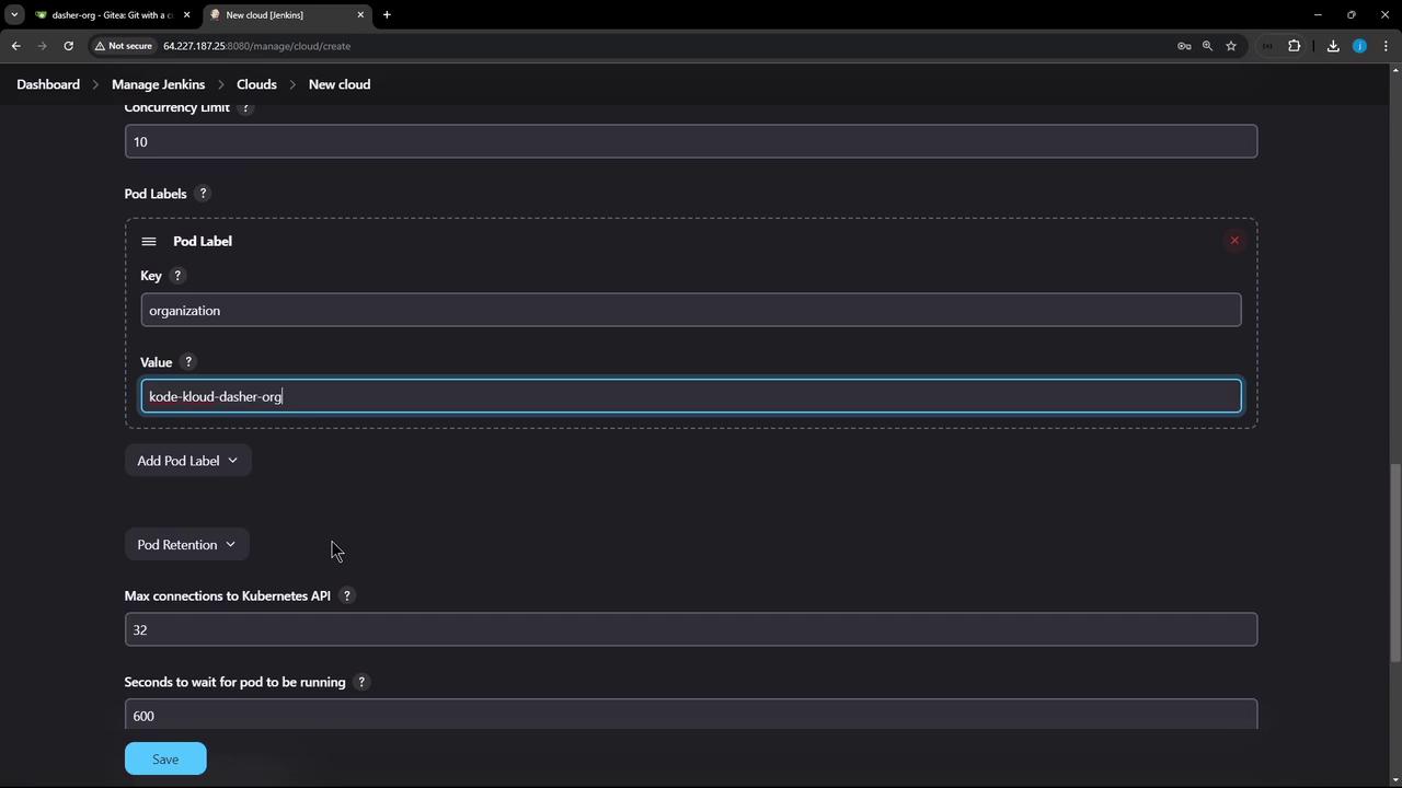 The image shows a Jenkins configuration screen for setting up a new cloud, with fields for concurrency limit, pod labels, and Kubernetes API connections.