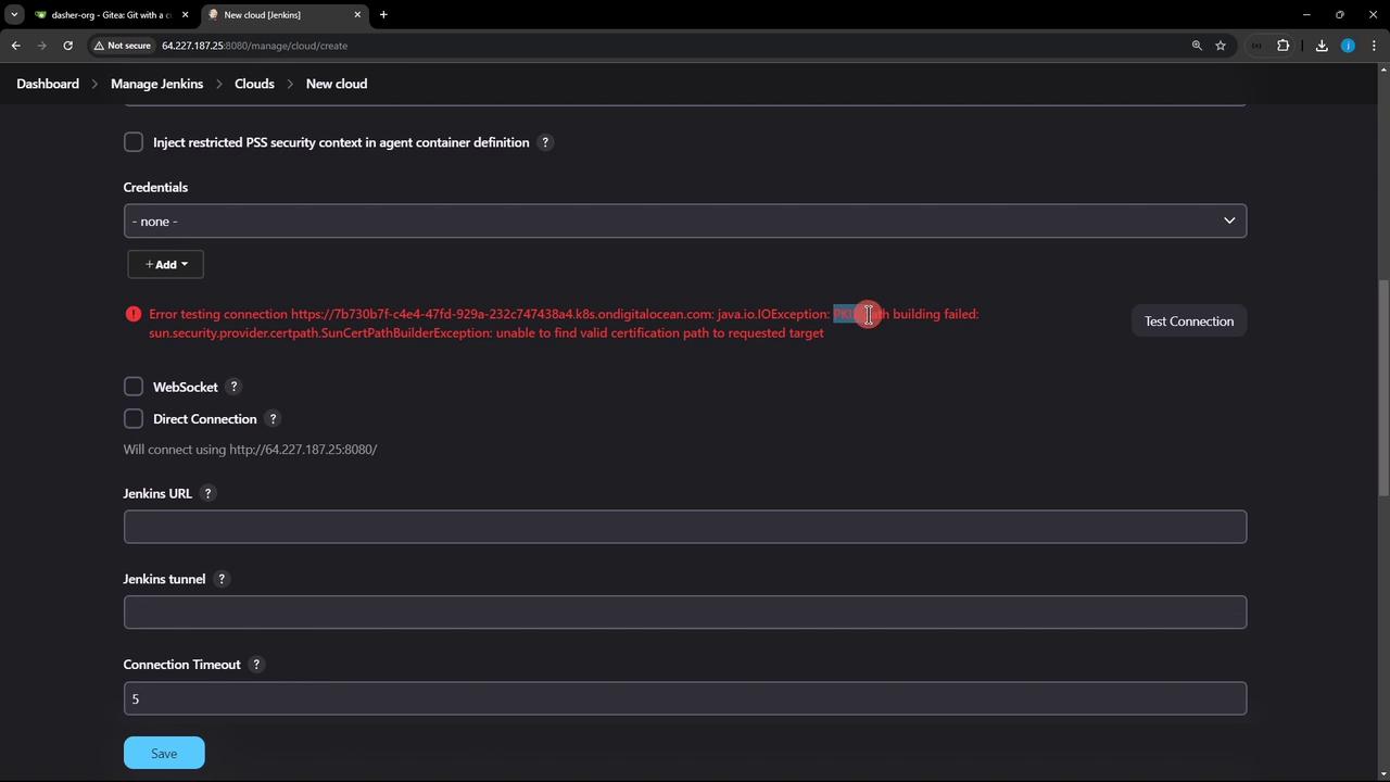 The image shows a Jenkins configuration page with an error message indicating a connection test failure due to a certification path issue. There are fields for credentials, WebSocket, direct connection, Jenkins URL, and connection timeout.
